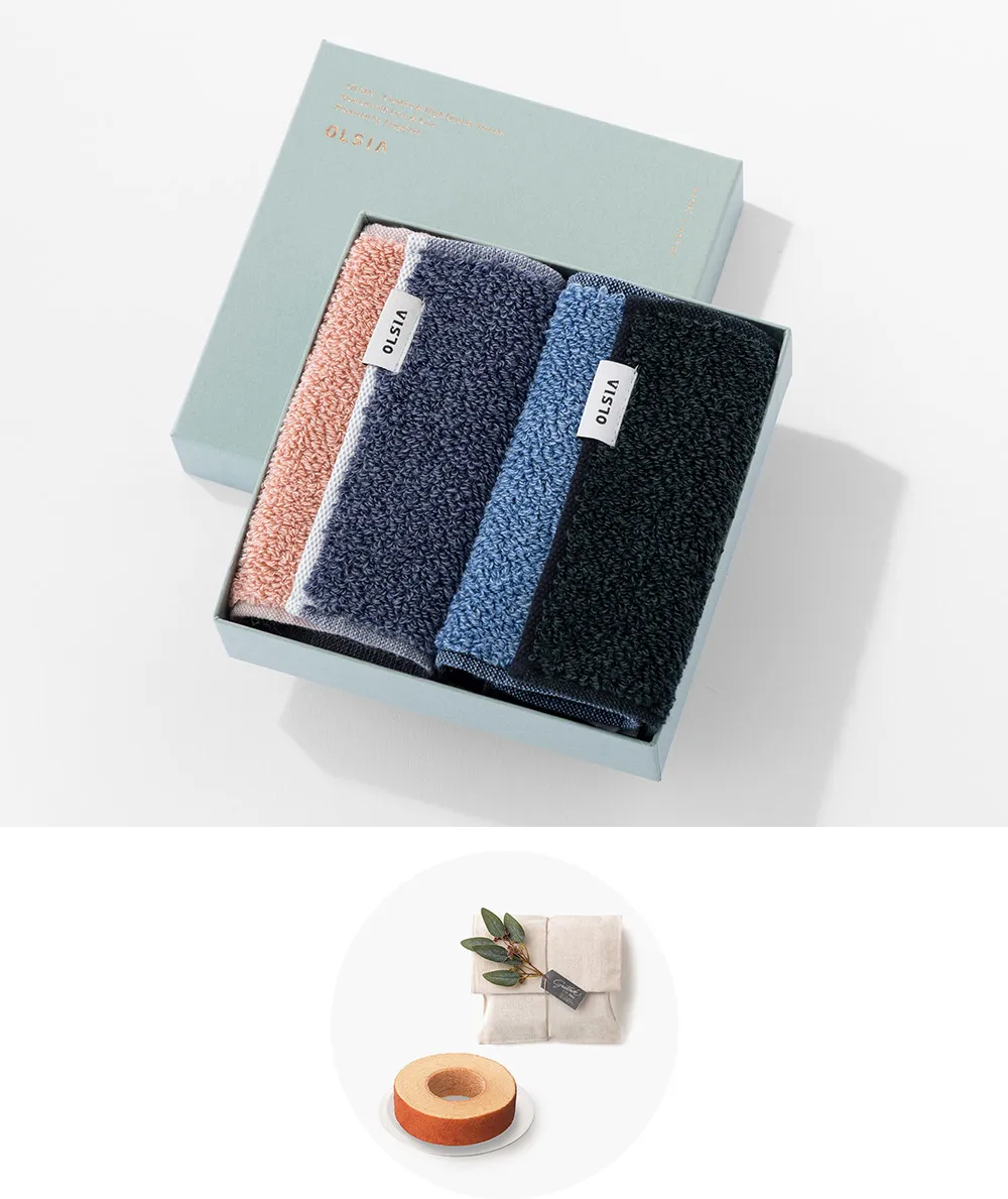 ハーフハンカチタオル2枚セット［オルシア］+バームクーヘン /  ブルー＆ピンク